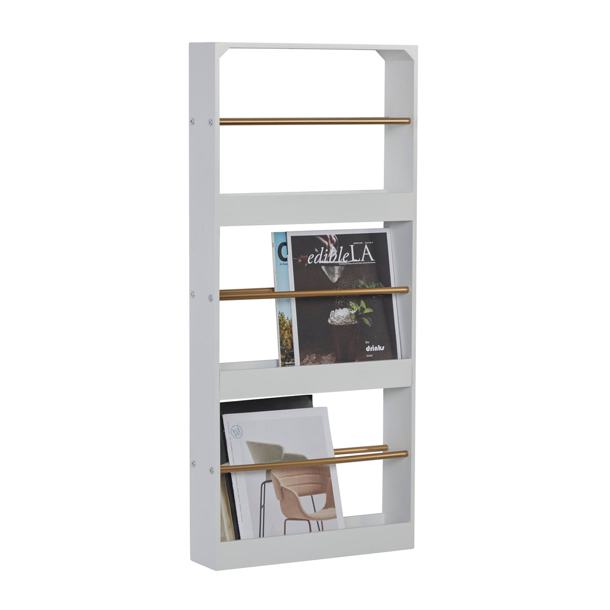3 Tier Wood and Metal Wall Magazine Rack with White Finish R8099